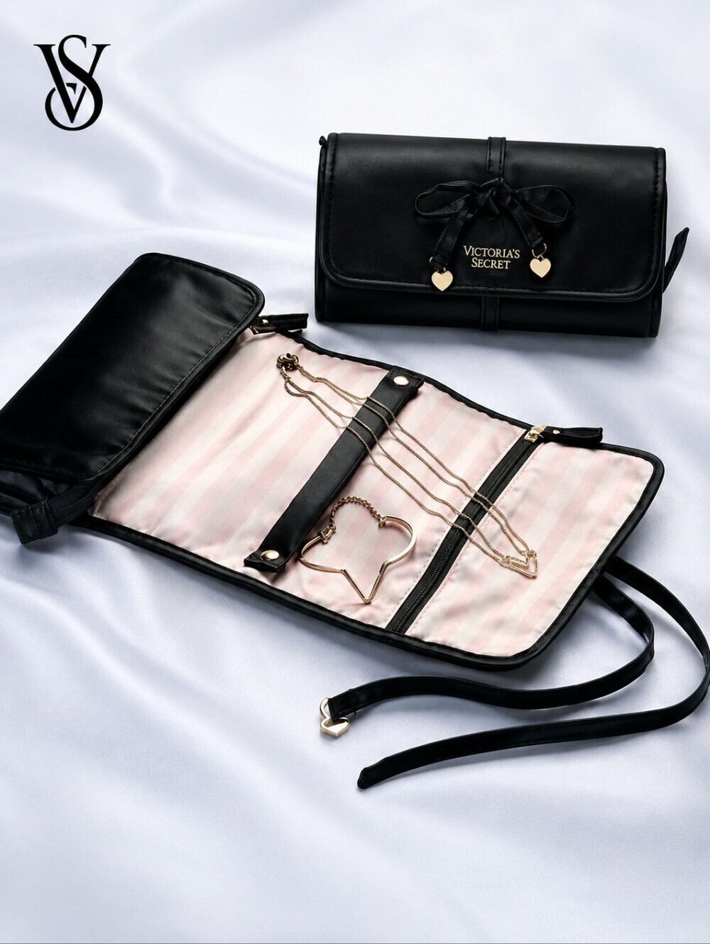 Victoria's Secret Forever Angel Black Satin Luxe Travel Jewelry Roll NWOT